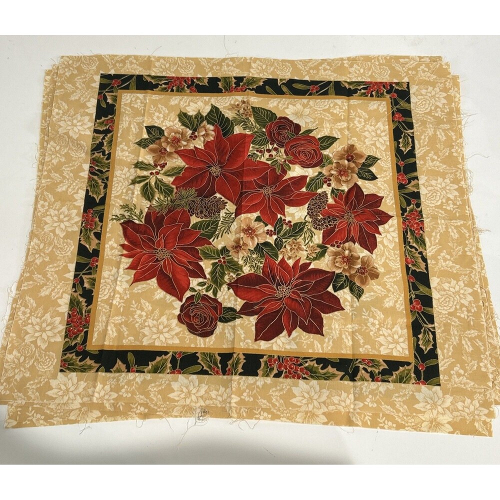 4 Christmas Poinsettia Pillow Cotton Quilting Fabric Panels Cut Out 20" X 23"